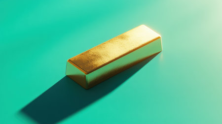 A stunning gold bar rests on a vibrant turquoise background, showcasing its lustrous surface and intricate reflections, symbolizing wealth and prosperity.の素材