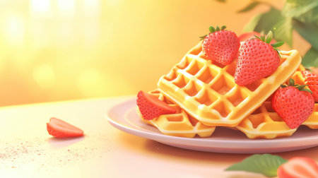 A mouthwatering scene of golden waffles elegantly arranged on a soft pastel plate, garnished with fresh strawberries. Bright natural light enhances the appetizing look, perfect for food lovers.の素材