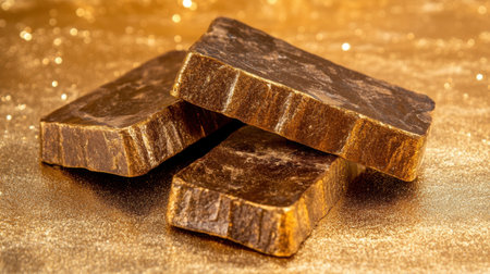 Three dark chocolate bars arranged artistically on a sparkling golden background, conveying luxury and indulgence ideal for culinary creations.の素材