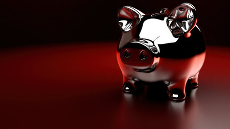 A glossy silver piggy bank stands confidently on a dark red background, symbolizing smart financial choices and modern design aesthetics. Perfect for finance-themed projects.の素材