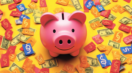 A charming pink piggy bank sits amidst a vibrant display of dollar bills and coins on a sunny yellow background, symbolizing savings and financial growth.の素材