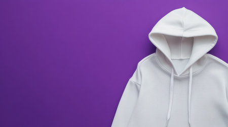 A stylish white hooded sweatshirt is elegantly placed on a vibrant purple background, showcasing the simplicity and versatility of modern apparel design.の素材