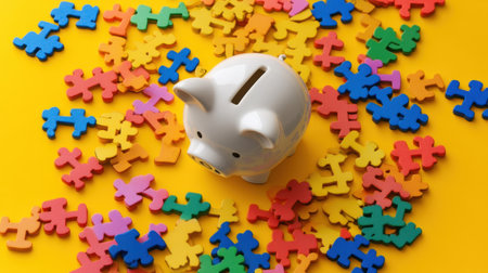 A charming piggy bank sits amidst a vibrant array of colorful puzzle pieces on a sunny yellow surface, symbolizing financial education and fun.の素材