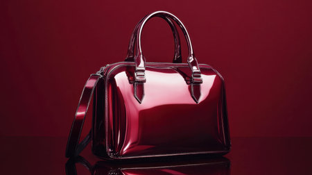A stunning glossy red handbag on a dark background, showcasing modern design and elegance. Ideal for fashion-related projects and advertising.の素材