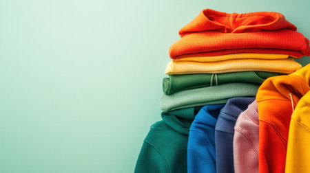 A visually appealing arrangement of colorful hoodies stacked neatly against a soft green background. This image captures the essence of modern casual style and comfort in the fashion industry. Perfect for apparel marketing and branding materials.の素材