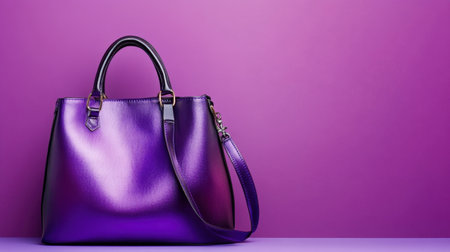 A fashionable purple handbag displayed against a vibrant purple background, perfect for highlighting accessories and stylish designs in photography or advertising.の素材
