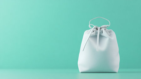 This image captures a minimalist soft blue drawstring bag set against a calm mint green background, showcasing simple design aesthetics and stylish looks.の素材