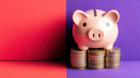 A charming pink piggy bank sits atop a stack of shiny coins, designed with playful features. The vibrant red and purple backgrounds create a striking contrast, perfect for illustrating themes of saving, finance, and investment.の素材