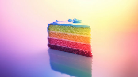 A vibrant slice of layered cake featuring bright colors and smooth frosting sits on a reflective surface, evoking joy and celebration. Perfect for parties!の素材