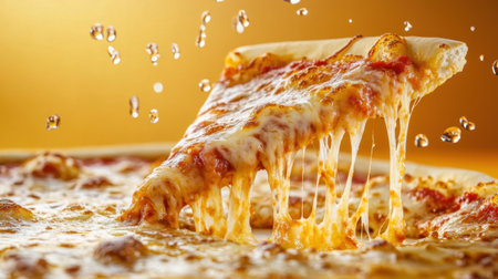A mouthwatering image of a cheese slice being pulled from a pizza, showcasing the gooey texture and vibrant colors against an orange backdrop. Perfect for food lovers!の素材