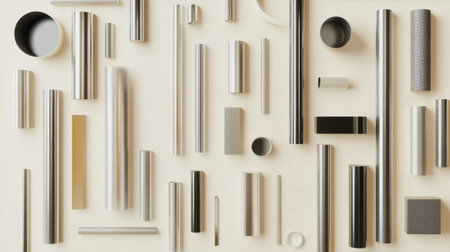 This image showcases an organized collection of geometric metallic shapes resting on a neutral background, ideal for various creative design projects.の素材