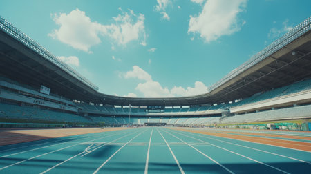 A stunning view of a large outdoor athletic stadium under a clear blue sky, featuring distinct running track lines and ample seating for spectators.の素材