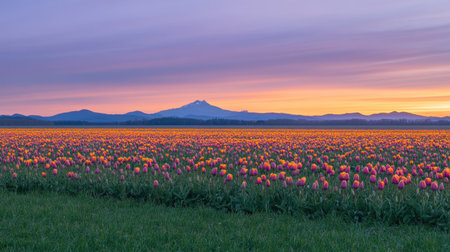 A stunning tulip field bursts with colors of pink, yellow, and purple, set against a picturesque mountain backdrop at sunset. Ideal for nature lovers.の素材