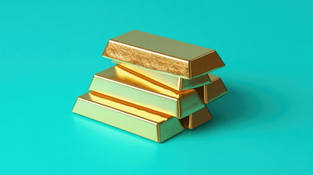 A visually striking arrangement of stacked gold bars against a vibrant turquoise background, symbolizing wealth, luxury, and financial success. Perfect for business or investment themes.の素材