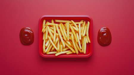 This captivating image features a generous serving of golden French fries presented on a bright red tray, accompanied by two dollops of ketchup. The vibrant background enhances the visual appeal, making it perfect for food-related projects or marketing materials.の素材