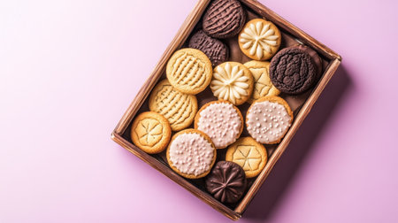 A beautiful assortment of cookies displayed in a wooden box against a pink background. Perfect for showcasing dessert ideas, baking inspiration, or holiday treats.の素材