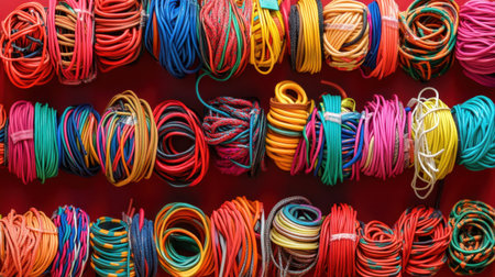 A striking display of colorful cords and wires arranged neatly, showcasing a vibrant palette on a bright red backdrop, ideal for crafting and design projects.の素材