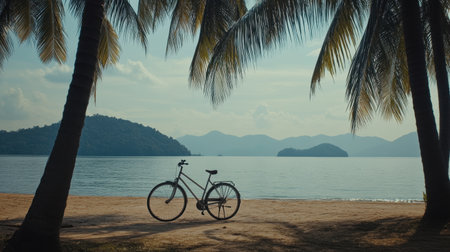 A tranquil beach scene featuring a bicycle resting under swaying palm trees, with calm waters and distant hills creating a serene atmosphere perfect for relaxation.の素材