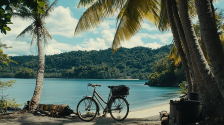 This serene beach scene features a bicycle parked beside a tranquil shoreline, surrounded by lush palm trees and gentle waves, perfect for relaxation.の素材