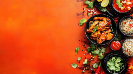 A visually appealing arrangement of various spicy dishes featuring grilled chicken, rice, and fresh herbs set against a vibrant orange background, ideal for food lovers.の素材