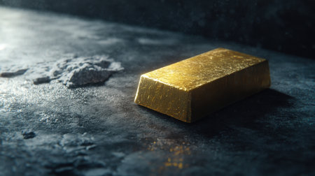 A stunning, shimmering gold bar rests on a dark textured surface, highlighting its luxury and allure, perfect for concepts of wealth and opulence.の素材