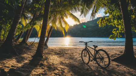A tranquil beach scene captures the beauty of a sunset reflected on calm waters. A bicycle rests on the soft sand, surrounded by tropical palm trees, inviting adventure and relaxation.の素材