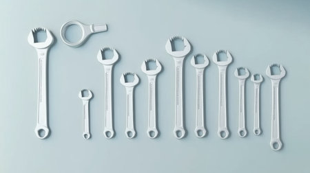 A collection of open-end wrenches displayed in varying sizes on a calm, light backdrop. Ideal for representing mechanic work, repair, and craftsmanship.の素材