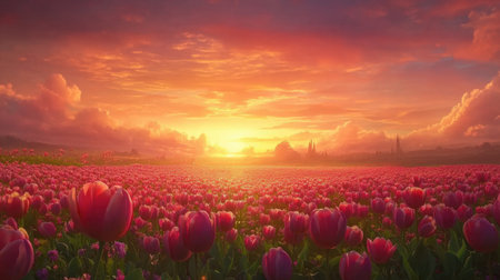 A breathtaking view of a vibrant tulip field at sunset, showcasing colorful blooms and dramatic skies. The serene atmosphere captures the beauty of spring.の素材