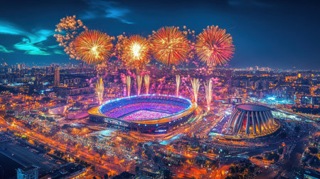A breathtaking aerial view showcasing a stadium illuminated by vibrant fireworks against the night sky, set in a bustling cityscape filled with lights and excitement.の素材