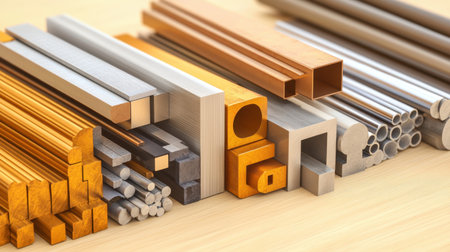 A clear and organized display of assorted metal and wood materials arranged on a wooden surface, suitable for industrial design and crafting projects.の素材
