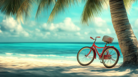 A vibrant red bicycle rests against a palm tree, set against a stunning beach scene with turquoise waters and fluffy clouds. Ideal for vacation themes.の素材