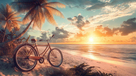 Experience the tranquility of a sunset over the ocean, with a bicycle resting on the sandy shore surrounded by palm trees, perfect for a serene getaway.の素材