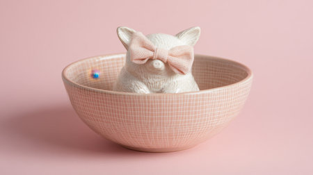 A charming ceramic pig figurine adorned with a pink bow sits in a stylish pastel bowl, creating a whimsical decor piece that enhances any space.の素材