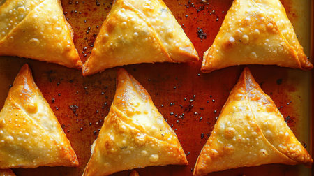 A stunning arrangement of golden brown triangle pastries shows off their flaky texture and rich filling, perfect for snacks or appetizers.の素材