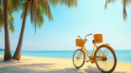 A charming yellow bicycle rests on a pristine beach, framed by swaying palm trees under a vibrant blue sky, evoking a sense of peace and adventure.の素材