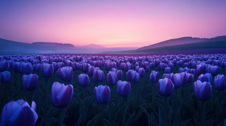 A breathtaking scene of a vast purple tulip field bathed in the soft light of sunrise, surrounded by misty hills and a peaceful horizon. Perfect for nature lovers.の素材