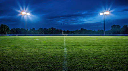 A serene nighttime view of an empty football field illuminated by stadium lights, featuring lush green grass and a vibrant blue sky, perfect for sports-related themes.の素材