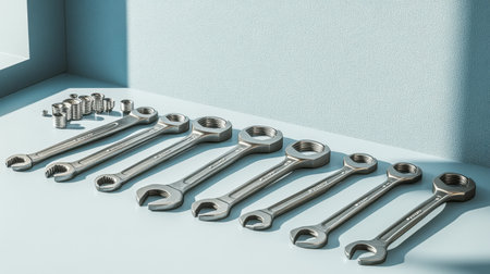 A visually appealing arrangement of various wrenches and nuts displayed on a soft blue background showcases precision tools ideal for craftsmanship and repair work.の素材