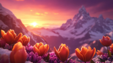 A breathtaking sunrise illuminates majestic mountains, framed by vibrant tulips in bloom, creating a serene and picturesque nature landscape.の素材