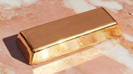 A striking gold bar rests on a smooth marble surface, embodying luxury and wealth. Ideal for financial or luxury-themed projects and imagery.の素材