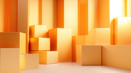This image features an abstract arrangement of orange cubes in a bright studio environment, showcasing modern design elements perfect for backgrounds or product displays.の素材