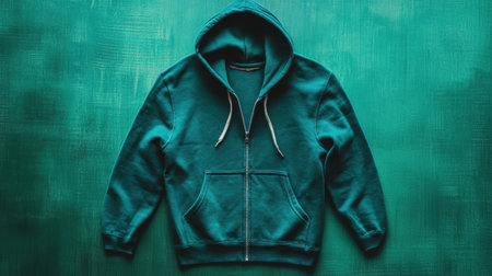 This image features a comfortable teal hoodie laid flat against a textured background, ideal for showcasing everyday fashion and minimalist design.の素材