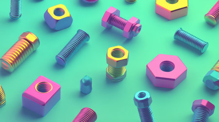 A vibrant collection of colorful metallic fasteners, including nuts, bolts, and screws, arranged aesthetically on a smooth background, showcasing various shapes and textures.の素材