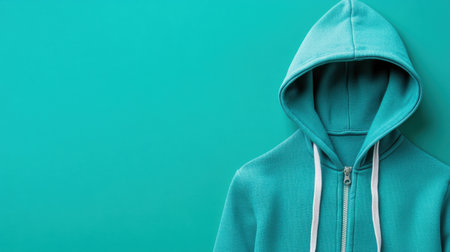 This image showcases a vibrant turquoise hoodie against a seamless background, perfect for fashion and apparel projects. The garment exudes comfort and style, making it an ideal choice for casual looks or seasonal promotions.の素材