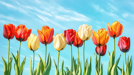 A stunning display of vibrant tulips in various colors against a clear blue sky, embodying the beauty and freshness of springtime blooming flowers.の素材