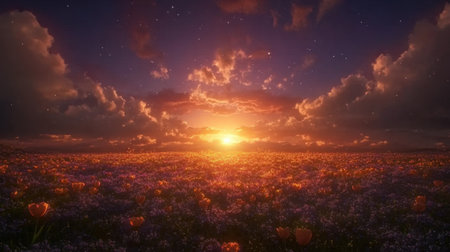 A stunning sunset illuminates a vibrant field filled with colorful tulips, creating a picturesque landscape. The sky is adorned with dramatic clouds, offering a serene and tranquil escape into nature.の素材