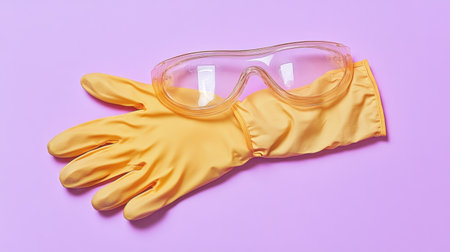 This vibrant image features bright yellow rubber gloves and clear safety goggles resting on a purple background, symbolizing protection and cleanliness during household tasks.の素材