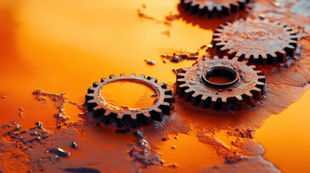 Detailed close-up of rusty gears resting on a textured metallic surface, illuminated by a warm glowing orange background, showcasing industrial beauty and decay.の素材