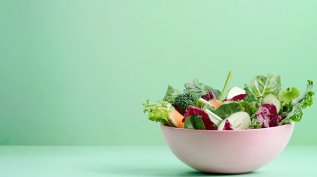 A beautiful bowl filled with fresh leafy greens and a variety of colorful vegetables, set against a soft green background, perfect for promoting healthy eating.の素材