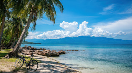 A serene coastal view featuring a bicycle by the sandy shore with palm trees and mountains in the background under a bright blue sky.の素材